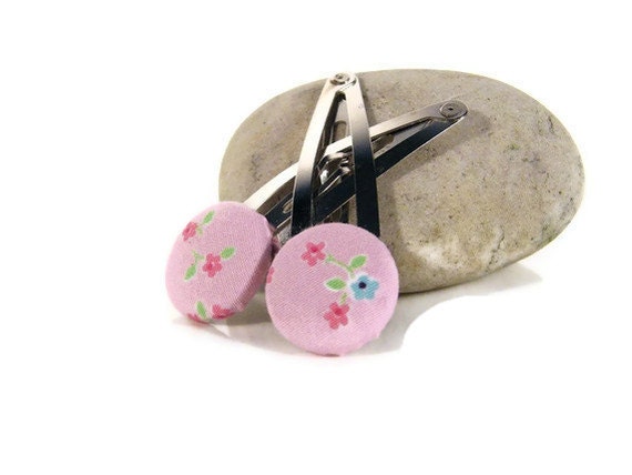 Pink  Flower Fabric Buttons, Set of  Hair Barrettes, Fabric Covered Button, Hair Clip, Hair Accessories