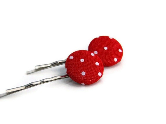 Fabric buttons, Red Polka Dot, Hair Pins, Fabric Covered Button, Bobby Pins,Hair Accessories