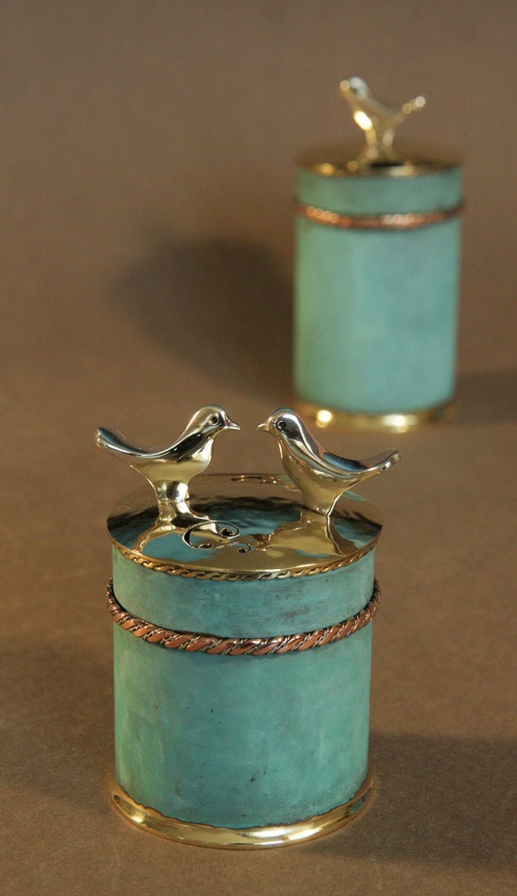 Patinated Brass Spice Box with Silver Birds