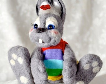 Bunny Funny grey Handmade Needle Felted Artist  - gifts idea