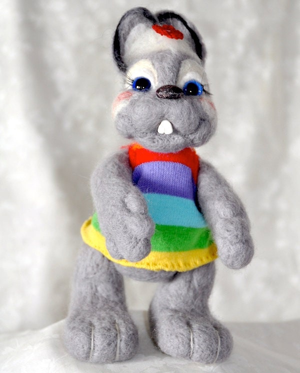 Bunny Funny grey Handmade Needle Felted Artist  - gifts idea