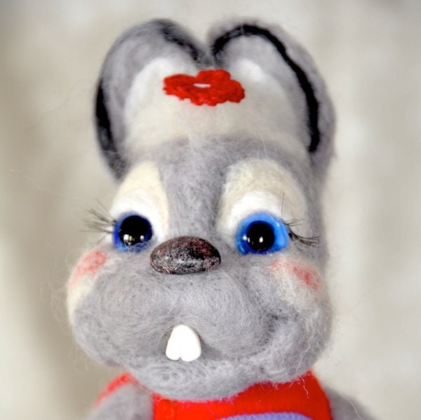 Bunny Funny grey Handmade Needle Felted Artist  - gifts idea