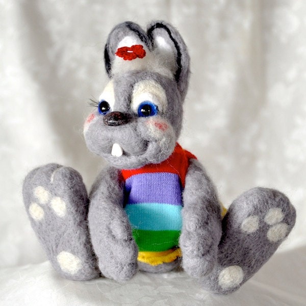 Bunny Funny grey Handmade Needle Felted Artist  - gifts idea