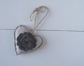 Linen Fabric Hanging Heart with Crochet Flower in Charcoal