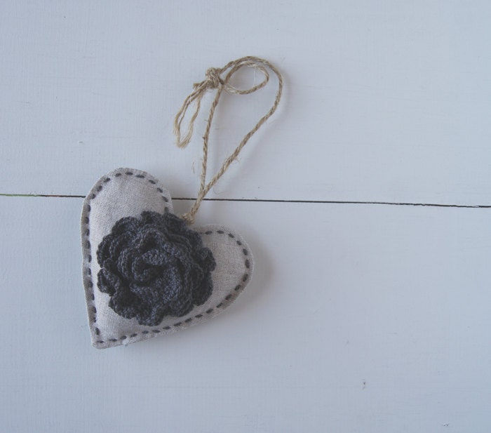 Linen Fabric Hanging Heart with Crochet Flower in Charcoal