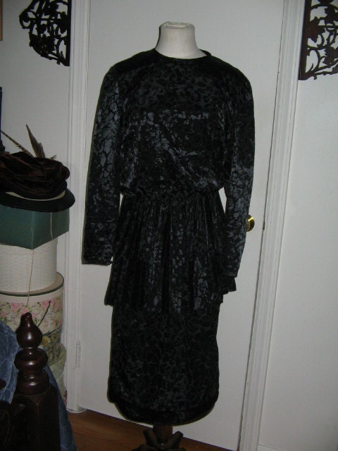 SALE GREAT 1980's  BLACK Satin Peplum  Dress Disco Vintage