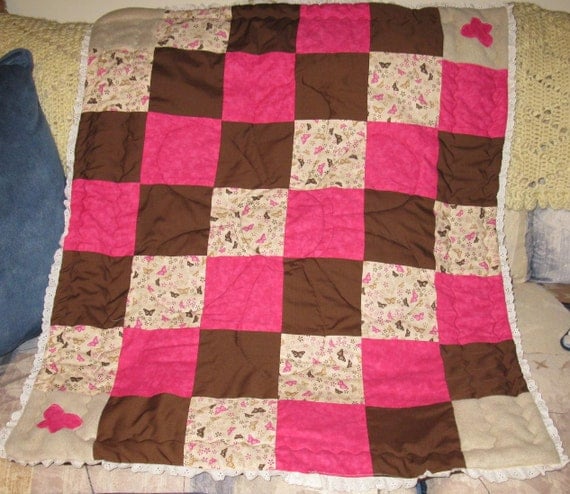 sale - Pink and brown Butterflies, flowers and lace Baby Girl quilt blanket