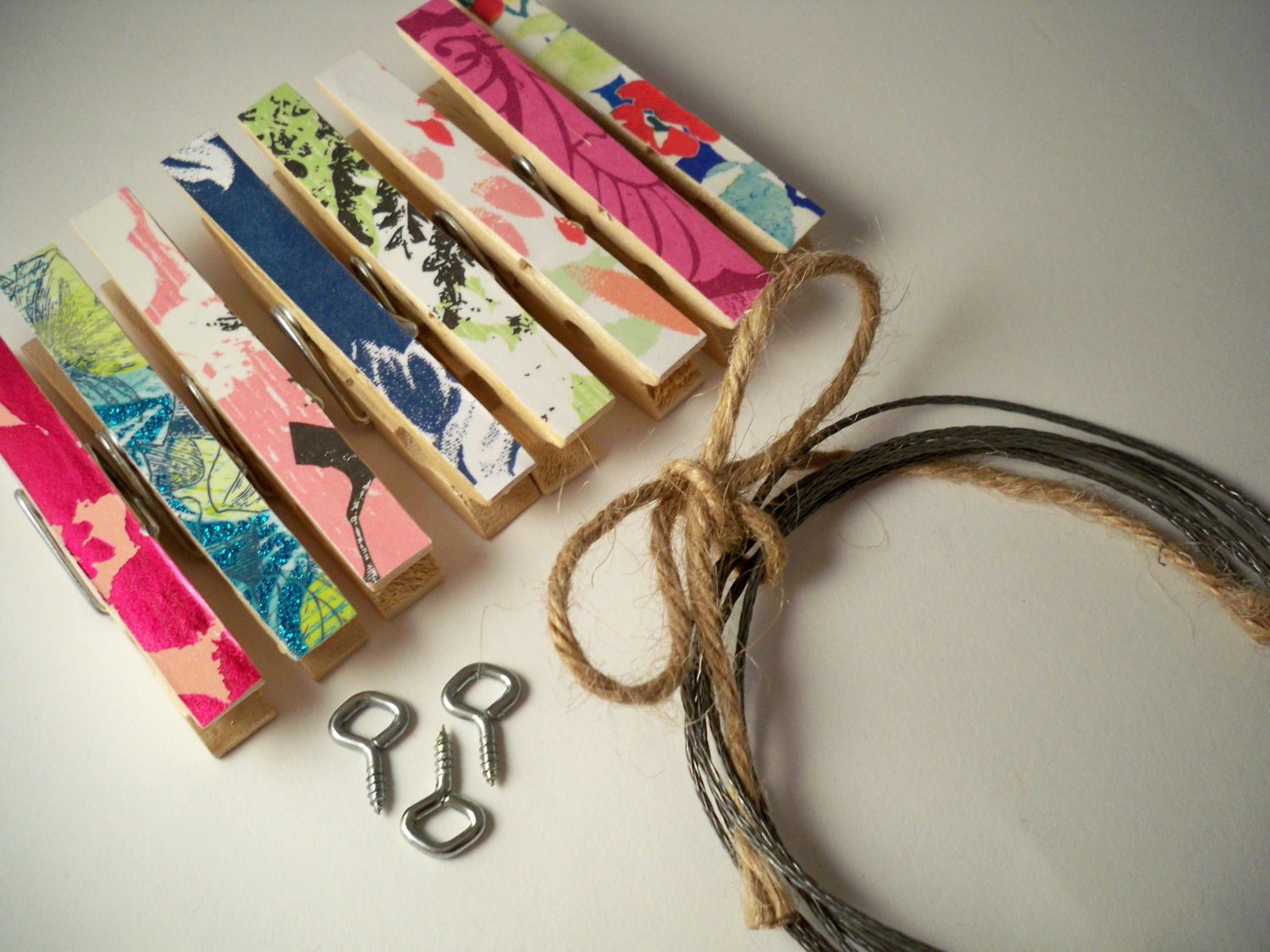 Clothesline Kit. 8 Bright Clothespins. Picture Frame. Photo. Wall Decor. Home Office. Spring. Teacher. Clip. Peg. Pin. Bright2