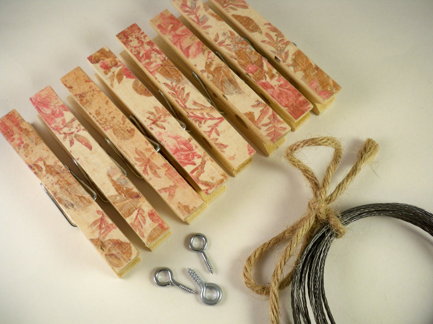 Vintage Clothesline Kit. Shabby Chic Clothespins. Photo Frame. Picture Wall Hanging. Dusty Rose Floral. Clip. Peg. Pin. Home Office.