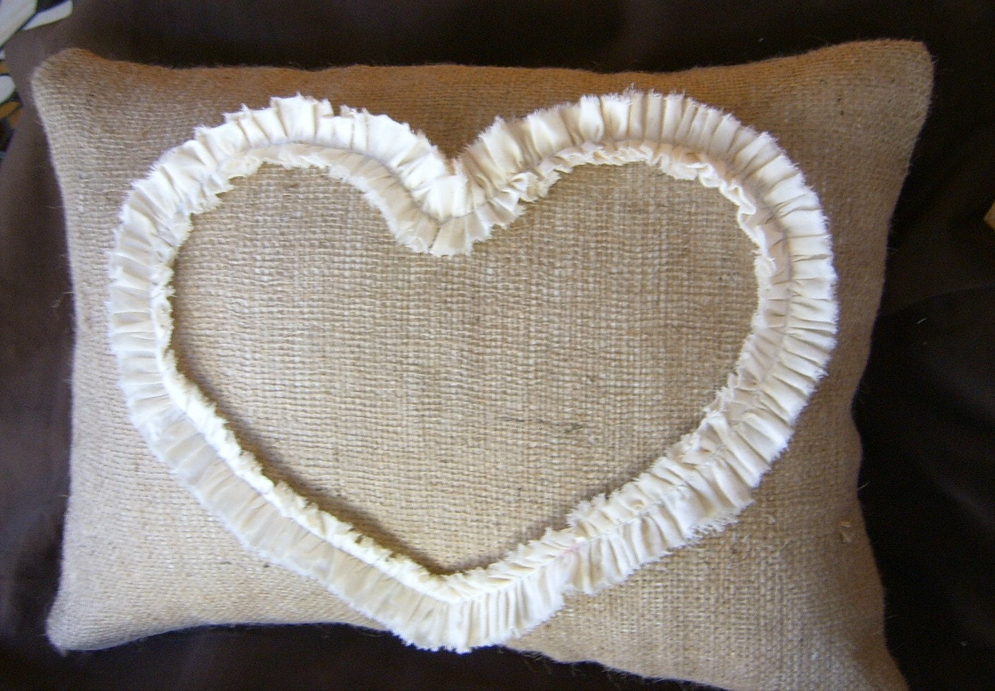 Burlap Lumbar Pillow Cover with Ruffled Open Heart in Natural Muslin 18" X 12"