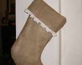 Burlap Stocking with White Muslin Ruffle Fully Lined