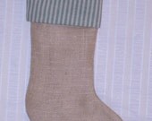 Burlap Stocking with Green Stripe Cuff and Brown Muslin Lining, Fully Lined