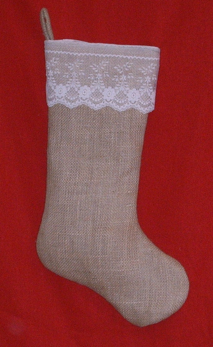 Burlap and Lace Stocking with Vintage Charm, Fully Lined