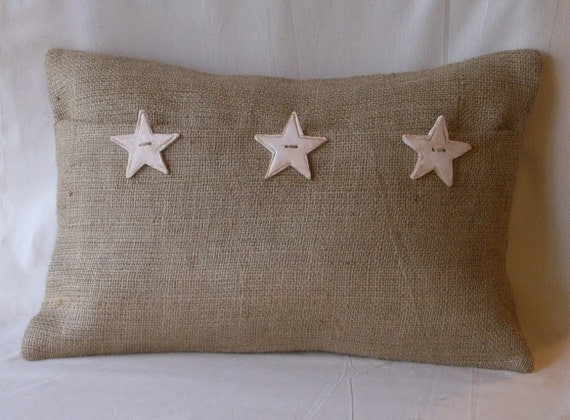 Burlap Lumbar White Stars Pillow Cover with 3 Handmade Buttons 18" X 12"