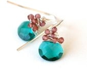 Earrings Peacock Teal Blue Quartz and Pink Garnet Sterling Silver - Unique Fashion Statement, Petite Colorful Accessories