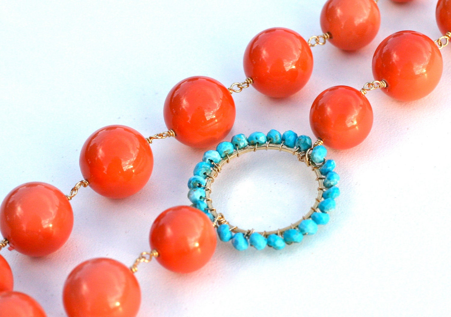 Beach Necklace Pink Coral and Turquoise 14k Gold Filled - Ready to ship