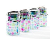 solar lights mason jars vintage atlas & ball glass top .. handmade : pint size decoupage - set of four blue green and purple polka dots