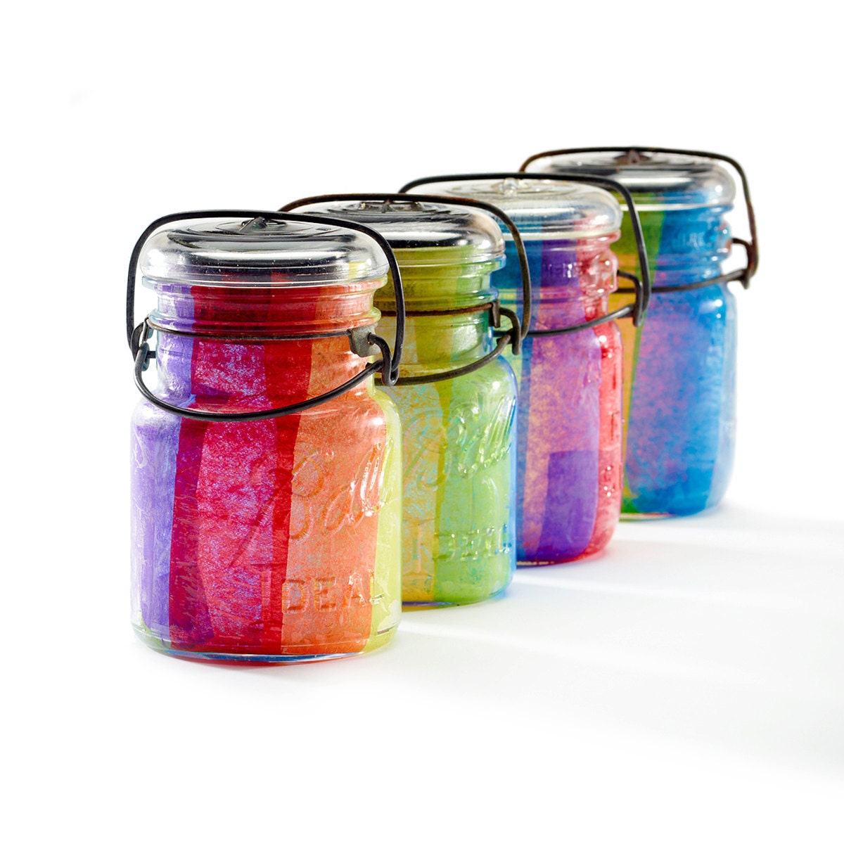 vintage atlas & ball glass top mason jars .. handmade solar lights : pint size decoupage - set of 4 rainbow roy g biv stripe