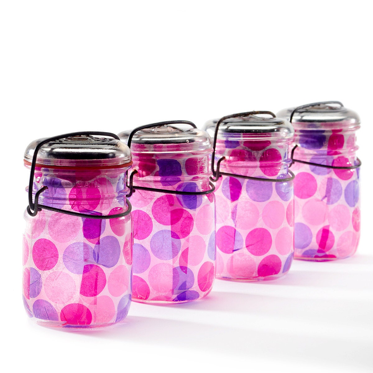 vintage atlas & ball mason jars .. handmade solar lights : pint size decoupage - set of four gumball pink and purple bubble gum polka dots