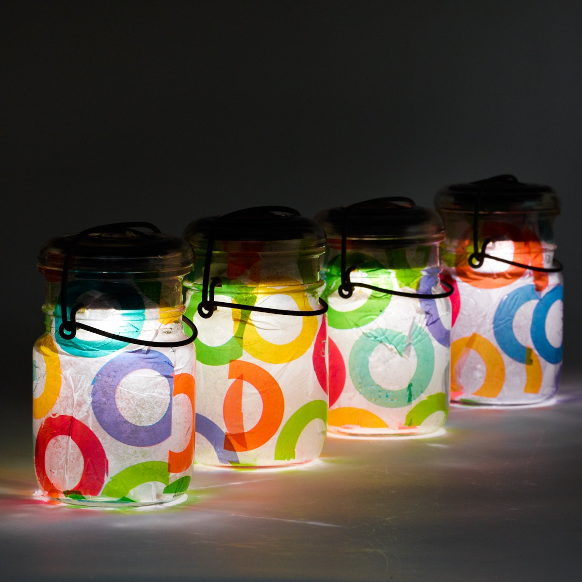vintage atlas & ball glass top mason jars .. handmade solar lights : pint size decoupage - set of four circle mod multi rainbow color