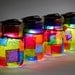 vintage atlas & ball glass top mason jars .. ooak handmade solar lights : pint size decoupage - set of four rainbow multi