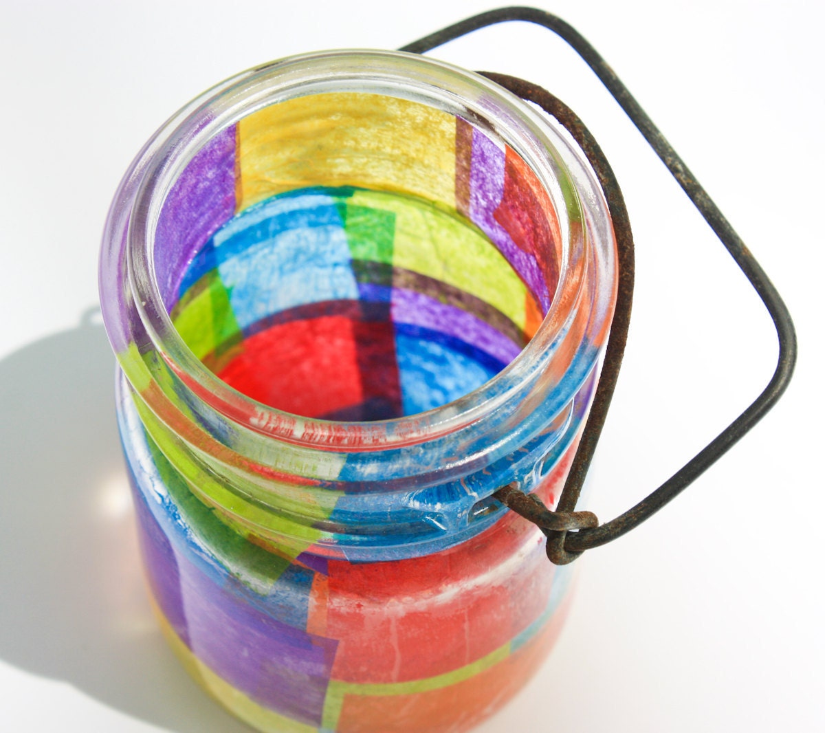 vintage atlas & ball glass top mason jars .. ooak handmade solar lights : pint size decoupage - set of four rainbow multi