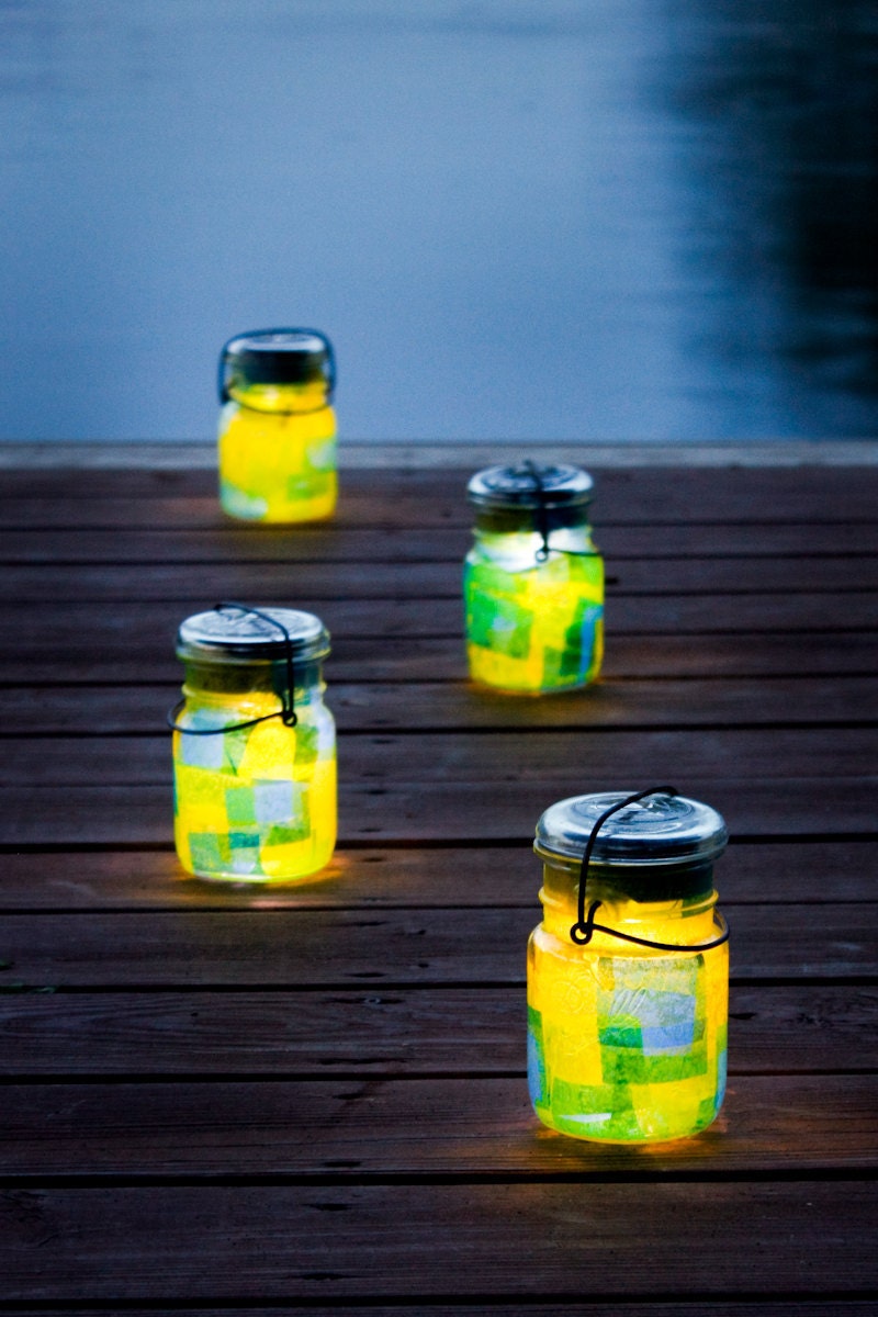 vintage atlas & ball glass top mason jars .. handmade solar lights : pint size decoupage - set of four circle mod multi rainbow color