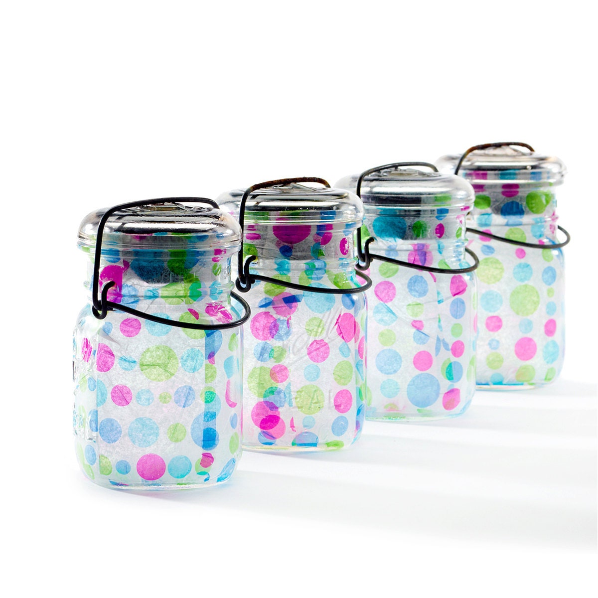 solar lights mason jars vintage atlas & ball glass top .. handmade : pint size decoupage - set of four blue green and purple polka dots