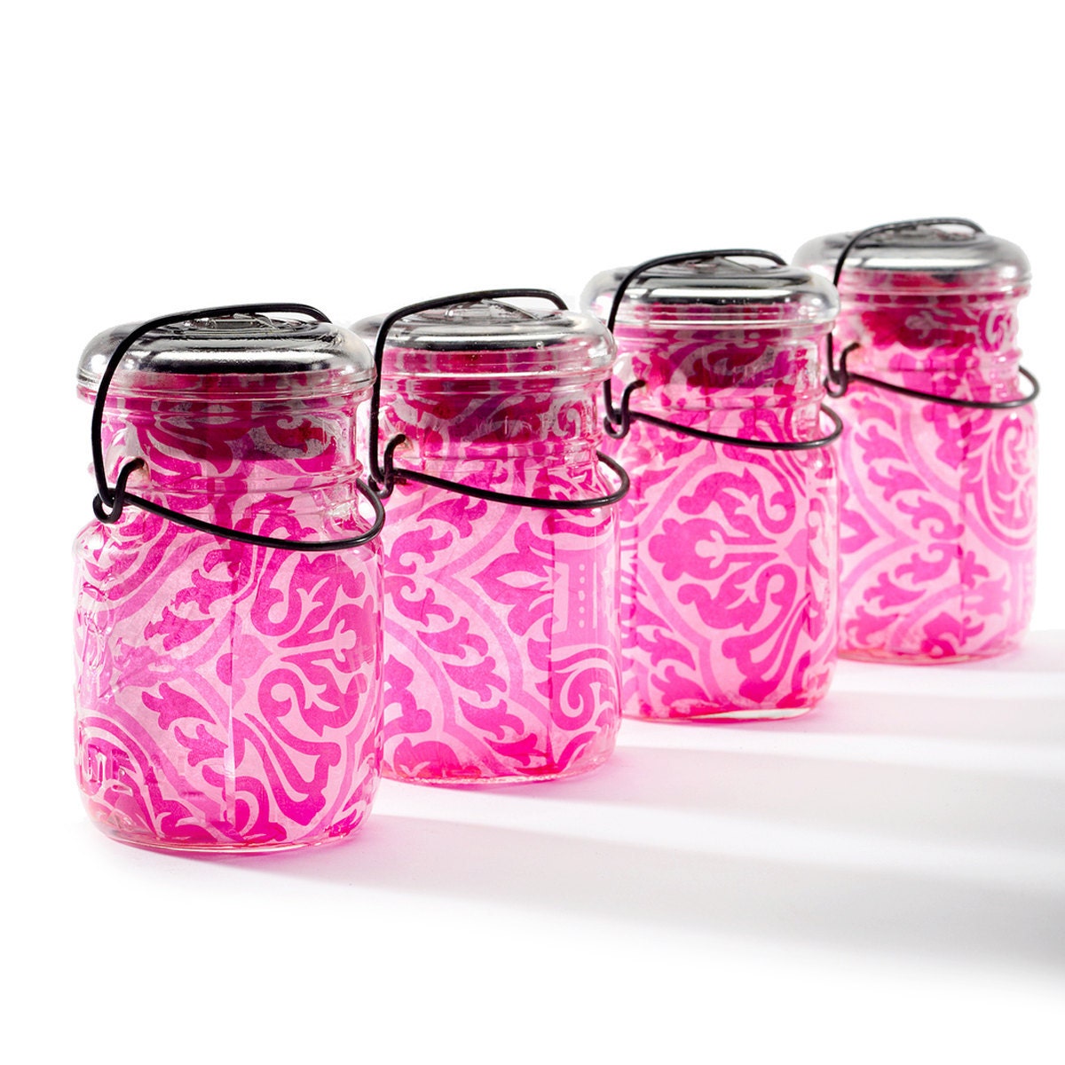 mason jars solar lights vintage atlas & ball glass top .. handmade : pint size decoupage - set of four hot pink scroll lace wedding decor