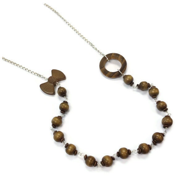 Brown Necklace Wood Jewellery Sterling Silver Jewelry Chain Beads Bow Wire Wrapped Earth Tones Unique N-186