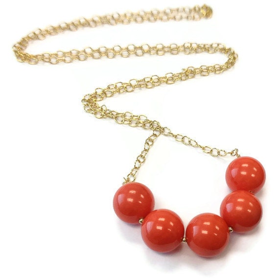 Coral Necklace Yellow Gold Jewelry Long Chain Jewellery Unique Mother of Pearl Gemstone Tangerine Salmon N-213