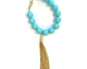 Turquoise Bracelet Gold Tassel Designer Inspired Jewelry Long Chain 14k Yellow Gold Jewellery Teal Aqua Summer Fashion B-170