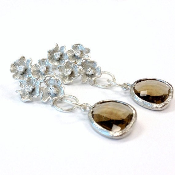 Brown Earrings Silver Jewelry Smoky Topaz Glass Jewellery Rhodium Plated Flower Crystal Studs Fashion Trendy Glam ER-TBM