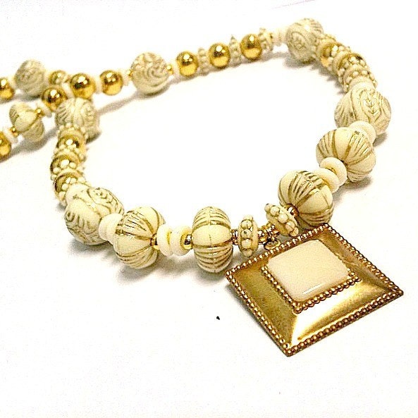 Cream  Necklace Cream Pendant Yellow Gold Jewelry Art Deco Beaded Etched Gift Ideas for Her Unique Beaded Vintage Style N-27