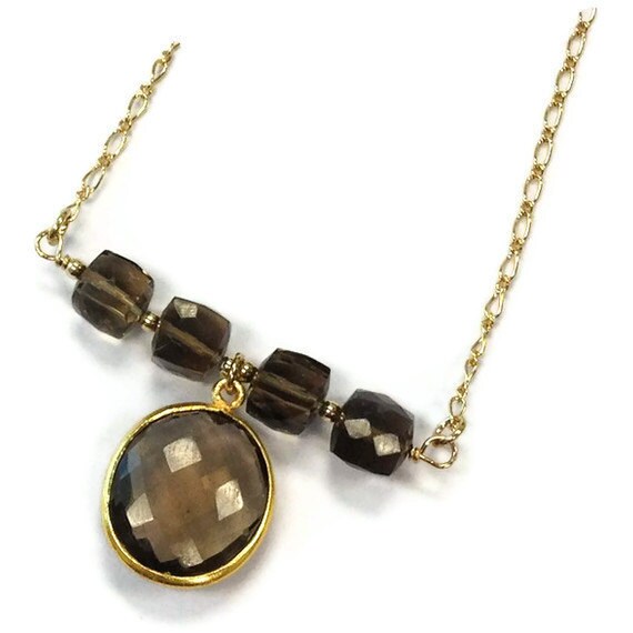 Brown Smoky Quartz Necklace Bead Bar Yellow Gold Jewelry Gemstone Jewellery Pendant Chain Mother's Day Gift N-206