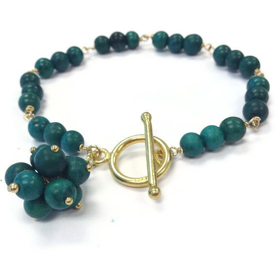 Forest Green Bracelet Turquoise Gemstone Jewellery Yellow Gold Jewelry Cluster Charm Fashion Wire Wrapped Trend B-208