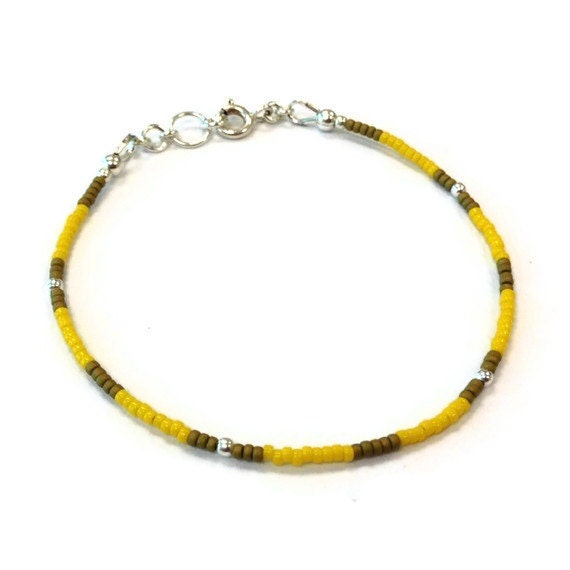 Thin Yellow Bracelet - Sterling Silver Yellow and Tan Beaded Bracelet Stackable Layering Everyday Minimal B-264