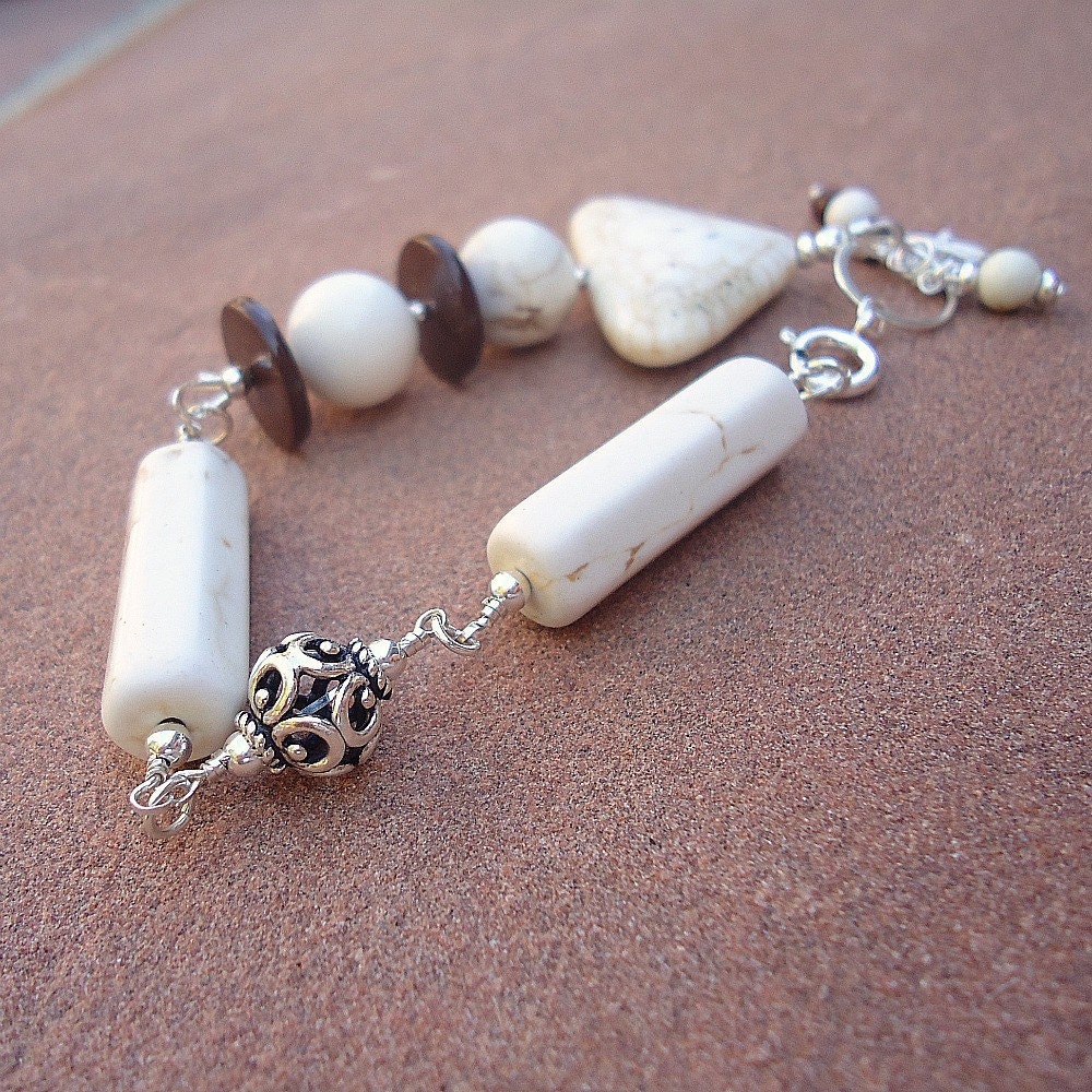 White Howlite Bracelet Asymmetric Triangle Dragonfly Charm Geometric Sterling Silver Jewelry Brown Cream Gemstone Jewellery Wood B-16