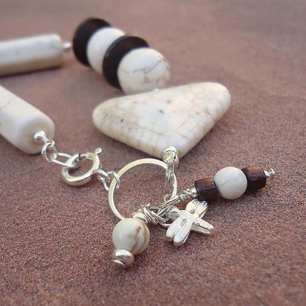 White Howlite Bracelet Asymmetric Triangle Dragonfly Charm Geometric Sterling Silver Jewelry Brown Cream Gemstone Jewellery Wood B-16