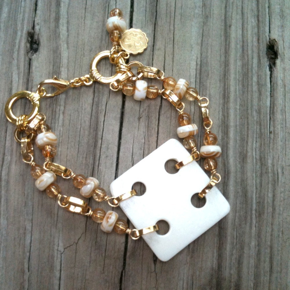 Cream Bracelet - Fleur de Lis Charm - Gold Bracelet - Double Strand Jewellery - Square - Modern - Avant Garde Funky B-66