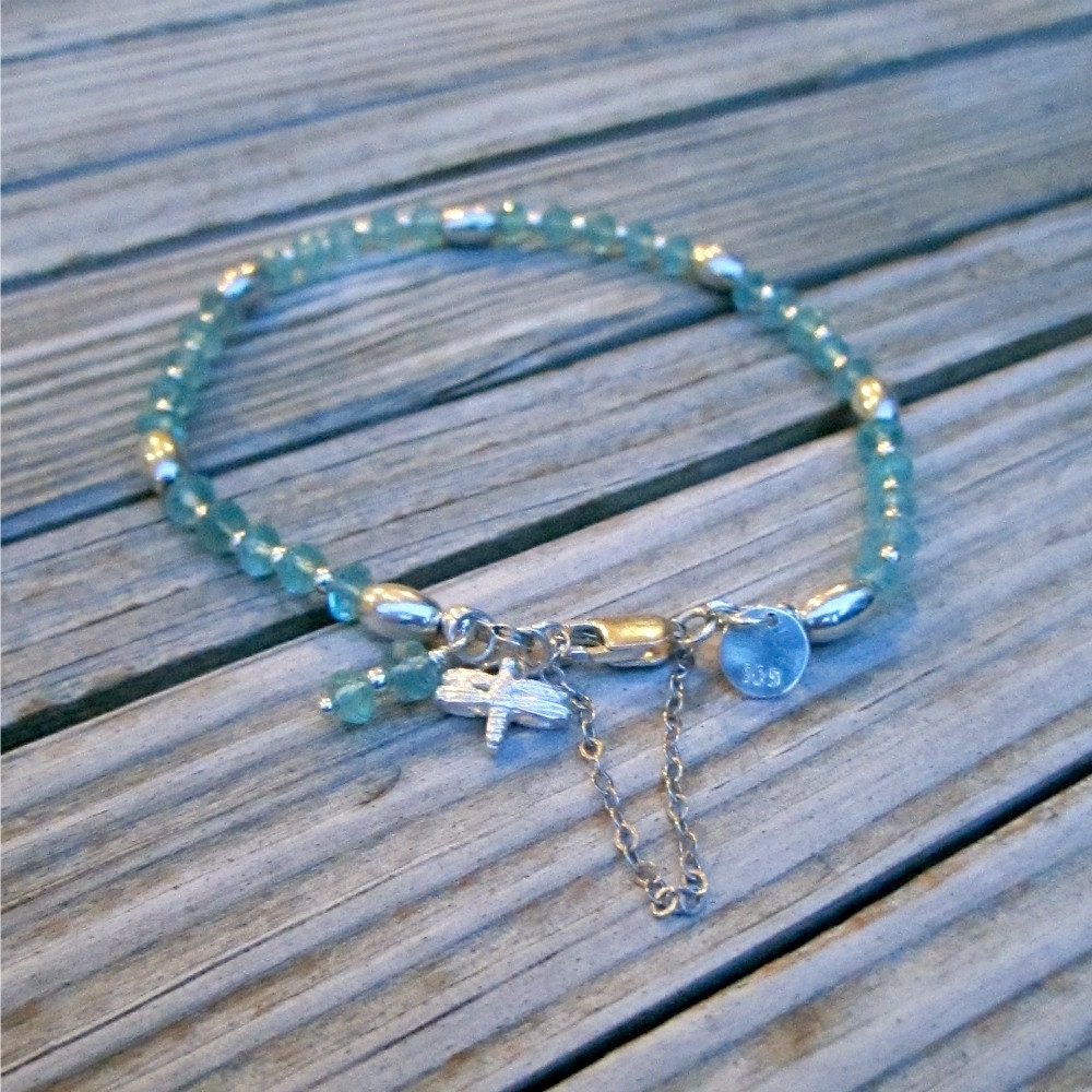 Blue Apatite Bracelet Sterling Silver Jewelry Natural Gemstone Jewellery Butterfly Charm 925 Semiprecious Stackable Safety Chain Layer B-75