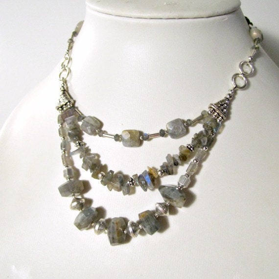 Gray Labradorite Necklace Sterling Silver Jewelry Multistrand Jewellery Triple Strand Grey Custom Gemstone Beaded N-121