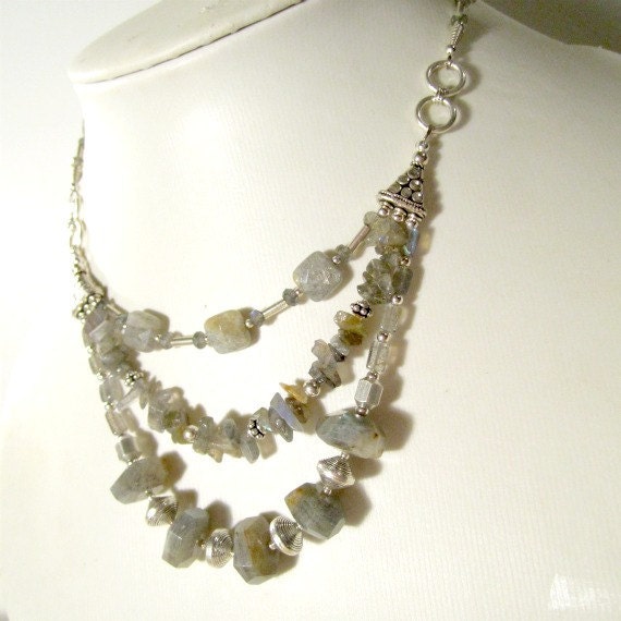 Gray Labradorite Necklace Sterling Silver Jewelry Multistrand Jewellery Triple Strand Grey Custom Gemstone Beaded N-121