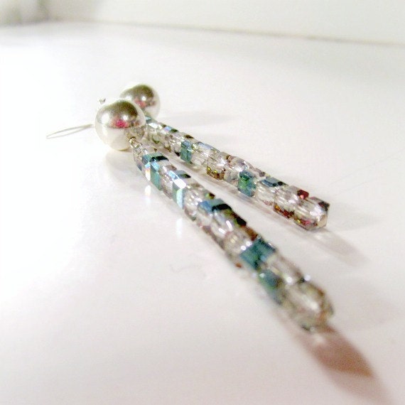 Iridescent Crystal Earrings Metallic Jewelry Sterling Silver Earrings Jewellery Women Ice Dangle Minimal Teal ER-76