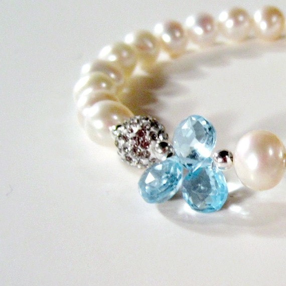 Light Blue Topaz Bracelet Sterling Silver Jewelry December Birthstone Jewellery Pearl Gemstone Swarovski Crystal Luxe Box Clasp B-132