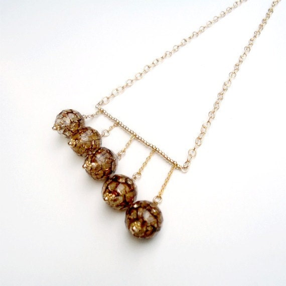 Brown Necklace Yellow Gold Jewelry Crackle Beads Asymetric Jewellery Gift Ideas for Her Chain Bead Bar Eclectic N-144