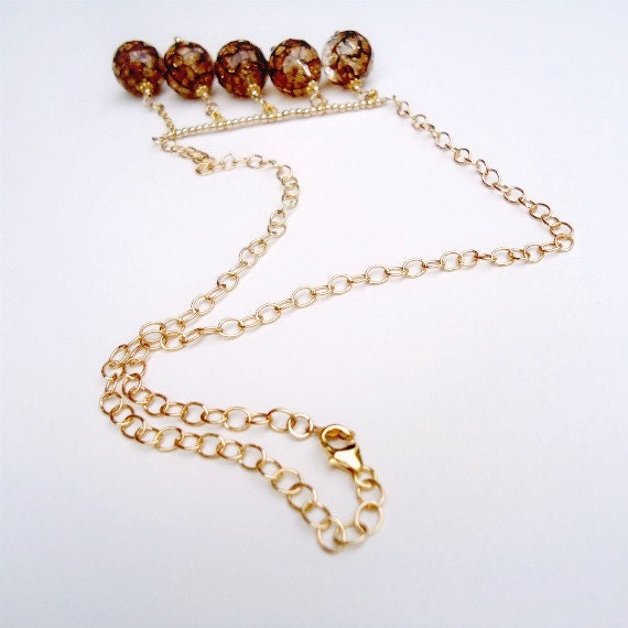 Brown Necklace Yellow Gold Jewelry Crackle Beads Asymetric Jewellery Gift Ideas for Her Chain Bead Bar Eclectic N-144