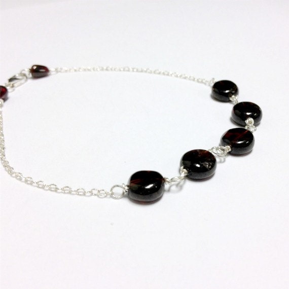 Red Garnet Bracelet Sterling Silver Jewelry January Birthstone Gemstone Jewellery Skinny Layer Chain Crimson Dainty Simple Everyday B-154