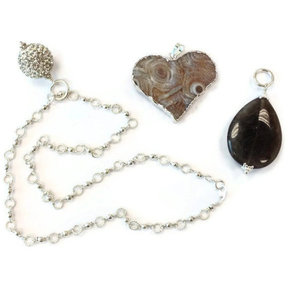 Charm Necklace Silver Necklace Druzy Pendant Gemstone Jewellery Changeable Slider Enhancer Drusy Heart Swarovski Crystal Chain N-204