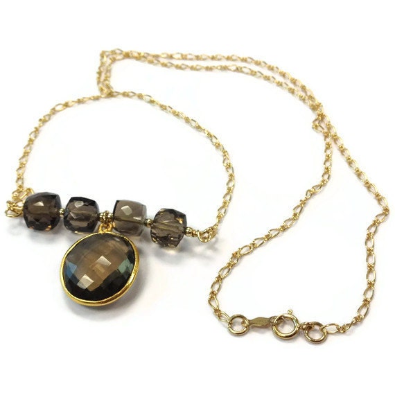 Brown Smoky Quartz Necklace Bead Bar Yellow Gold Jewelry Gemstone Jewellery Pendant Chain Mother's Day Gift N-206